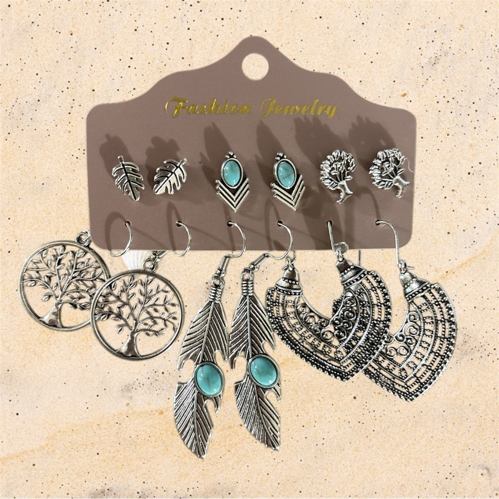 Bohemian Silver Blue Earrings Six Pair Set